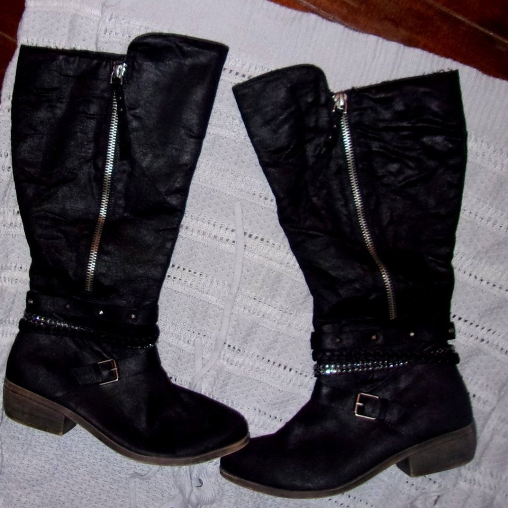 size 10 womens black  faux leather soft tall boots winter fall ten biker rock